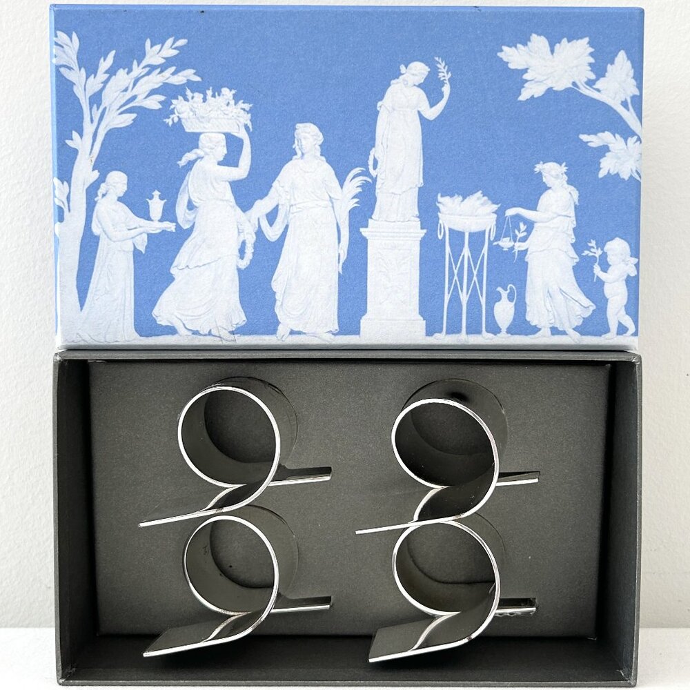 New! WEDGWOOD Spiral Napkin Rings MCM Contemporary Silver Plate Set of 4 NIB